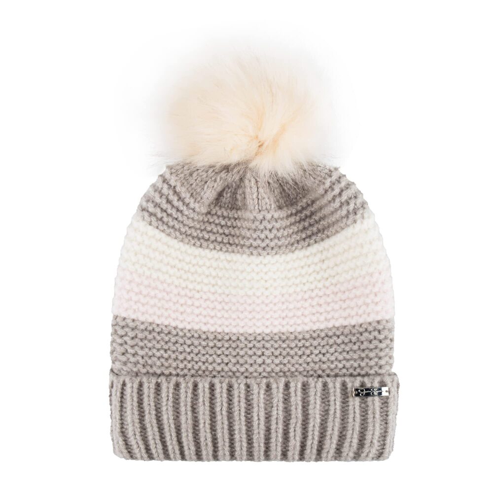 9682 Striped Beanie with Fur Pom, Grey, One Size